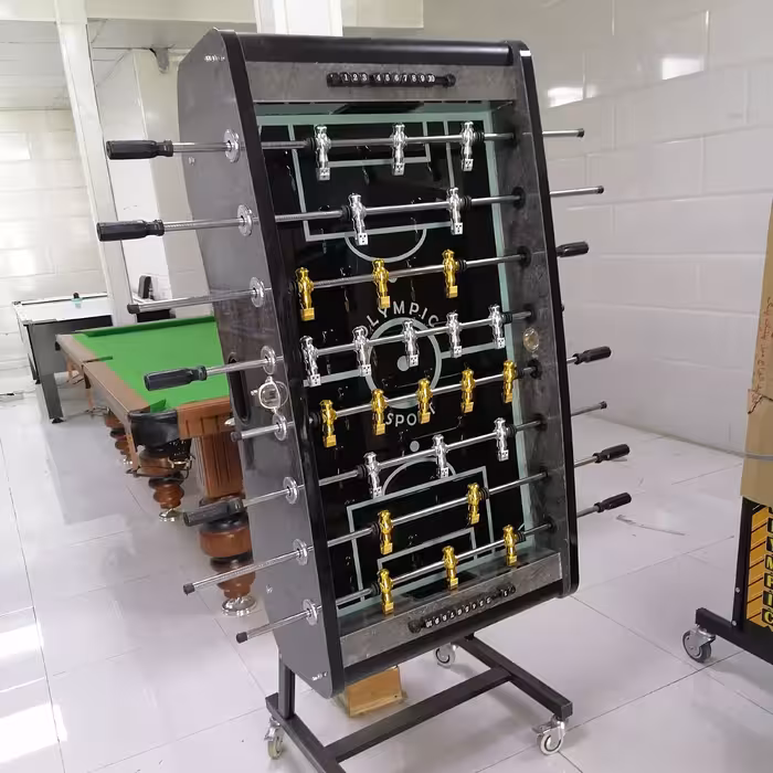 فوتبال دستی تاشو مدل S12 طوسی هایگلاس کف شیشه سکوریت آدمک طلایی نقره واشر بلبرینگی حرفه ای