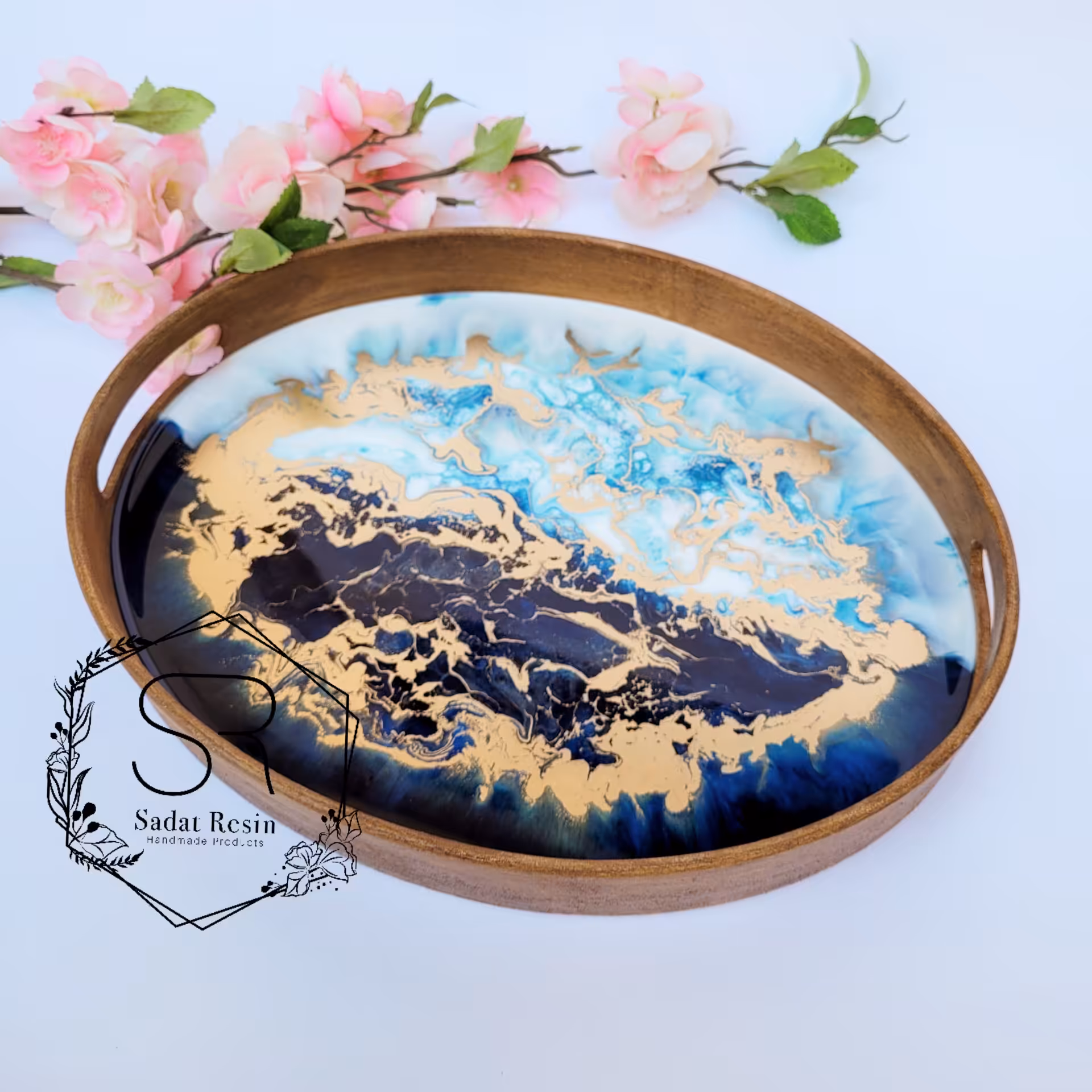 سینی پذیرایی چوب و رزین مدل ابروباد سرمه ای