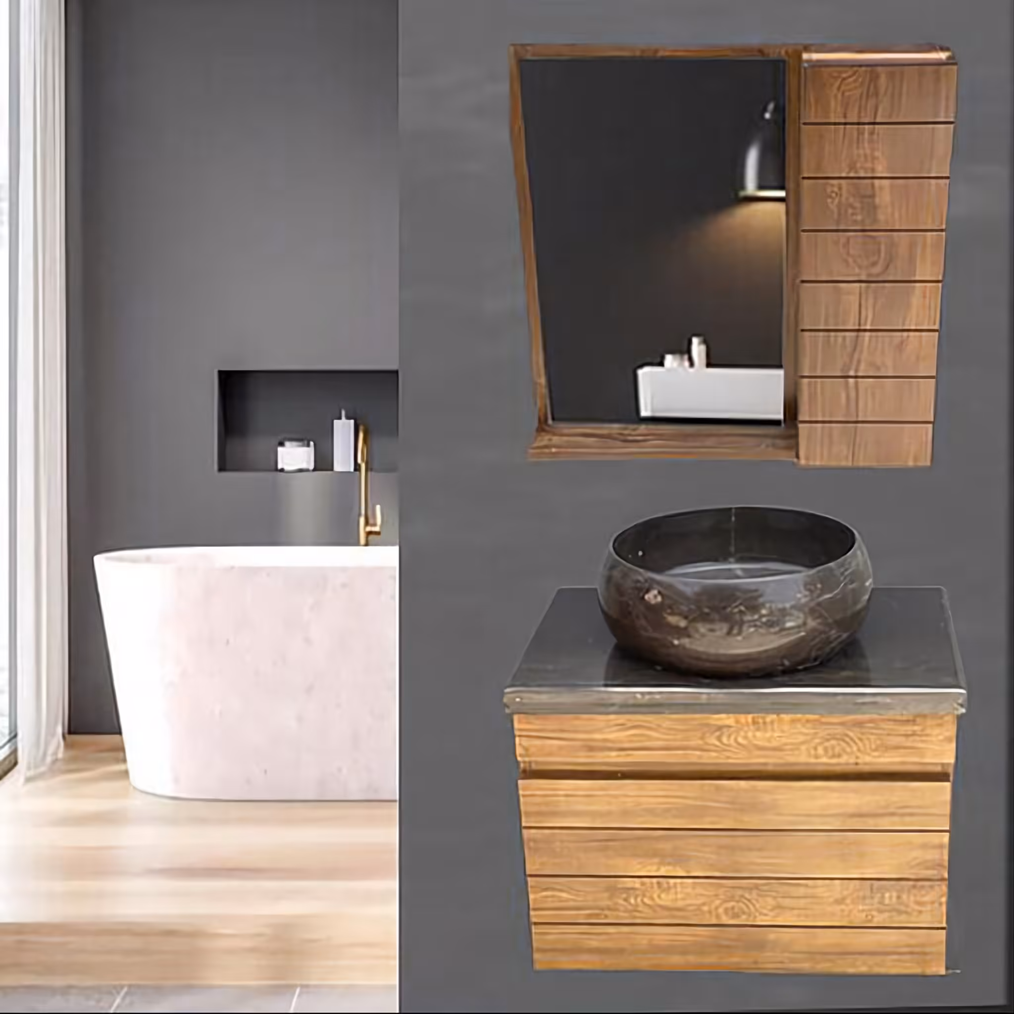 روشویی کابینتی آنتیک چوب با سنگ طبیعی مشکی و آینه باکس