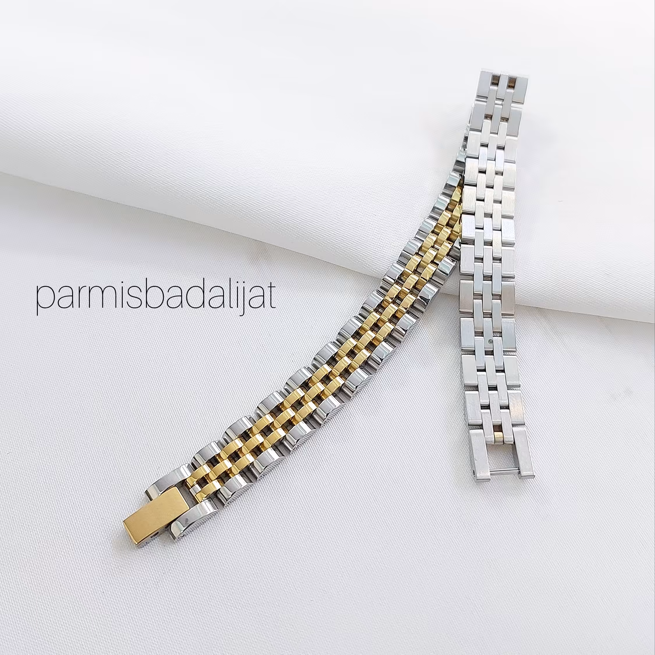 دستبند رولکس استیل دو رنگ طلایی و نقره ای باریک