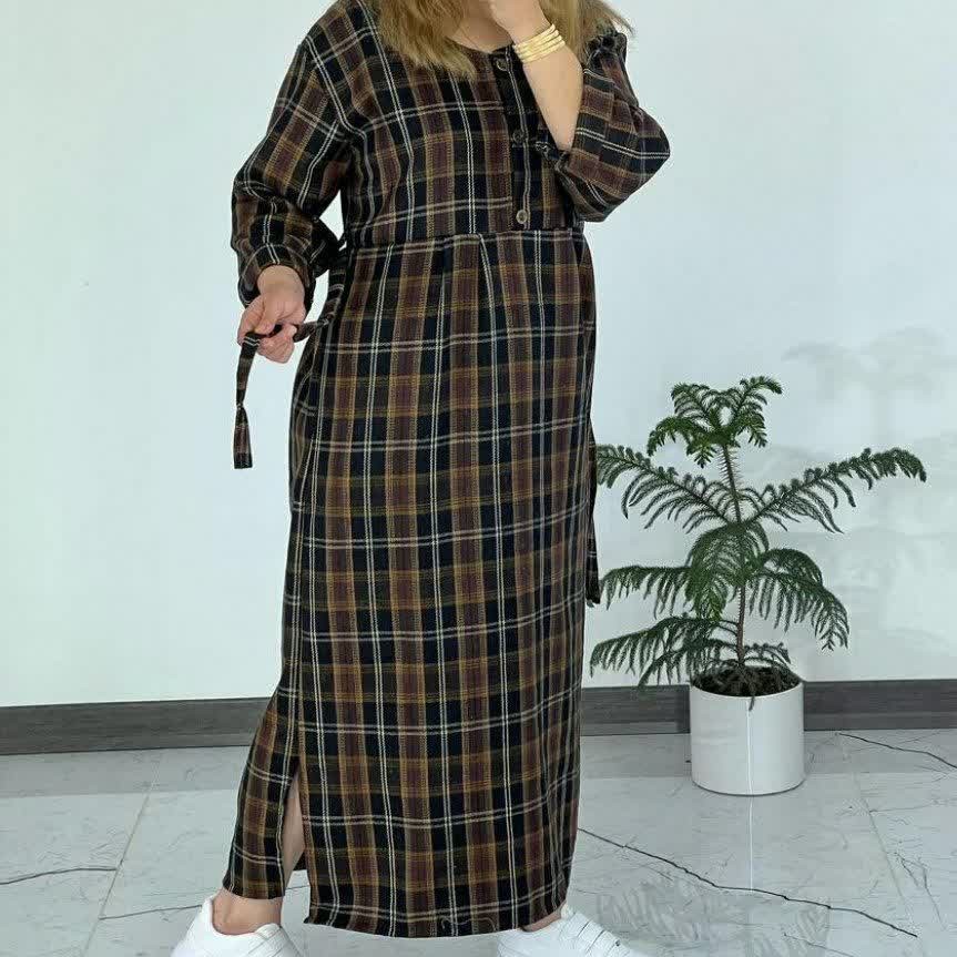 پیراهن پالتویی بلند پارچه کشمیر وارداتی گرم بالای ضخیم فری 40-52 دارای کمر ( مناسب بارداری و شیردهی)
