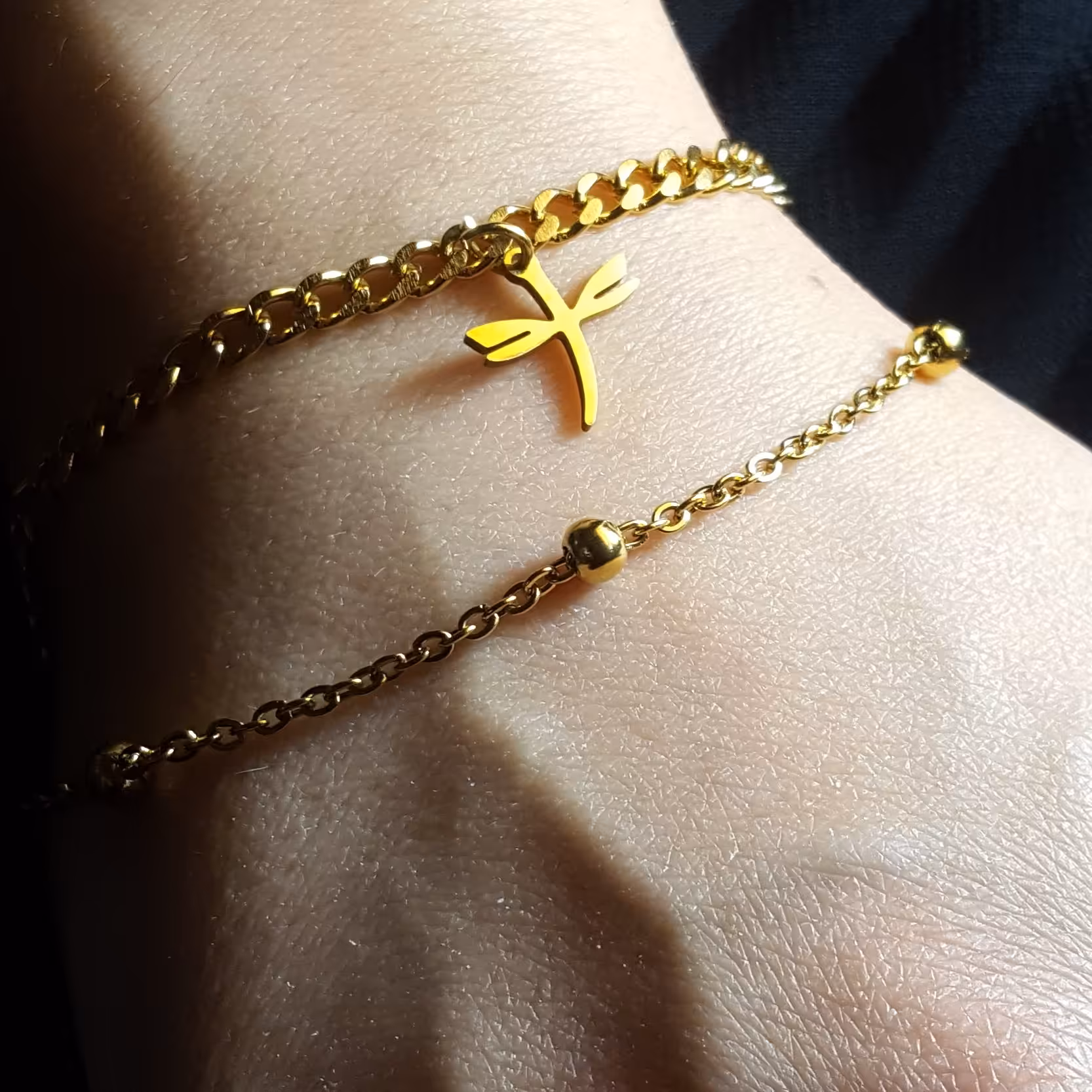 دستبند سنجاقک دو لاین استیل ضد حساسیت روکش طلا رنگ ثابت کد 311