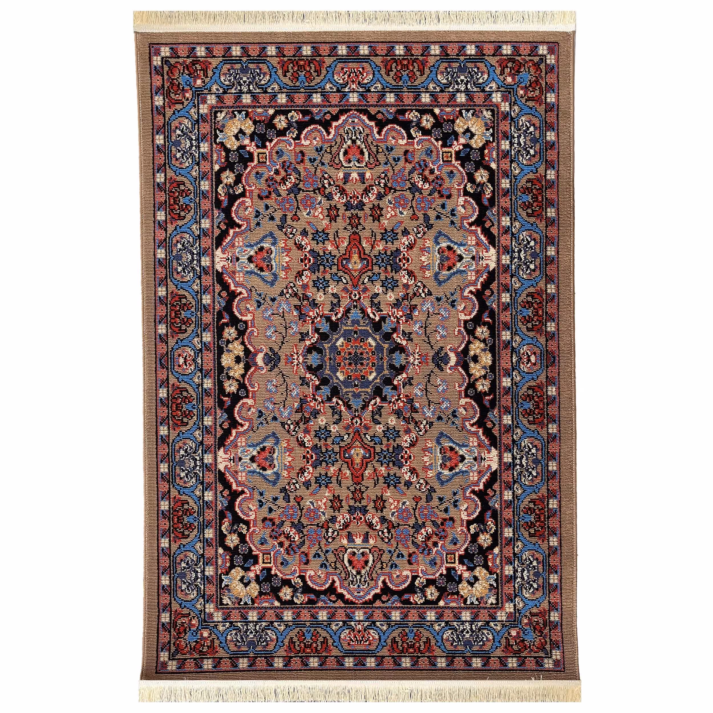 گلیم ماشینی یک و نیم متری  (1.5-1) -  طرح شکوفه بژ -  فرش و گلیم جزیره