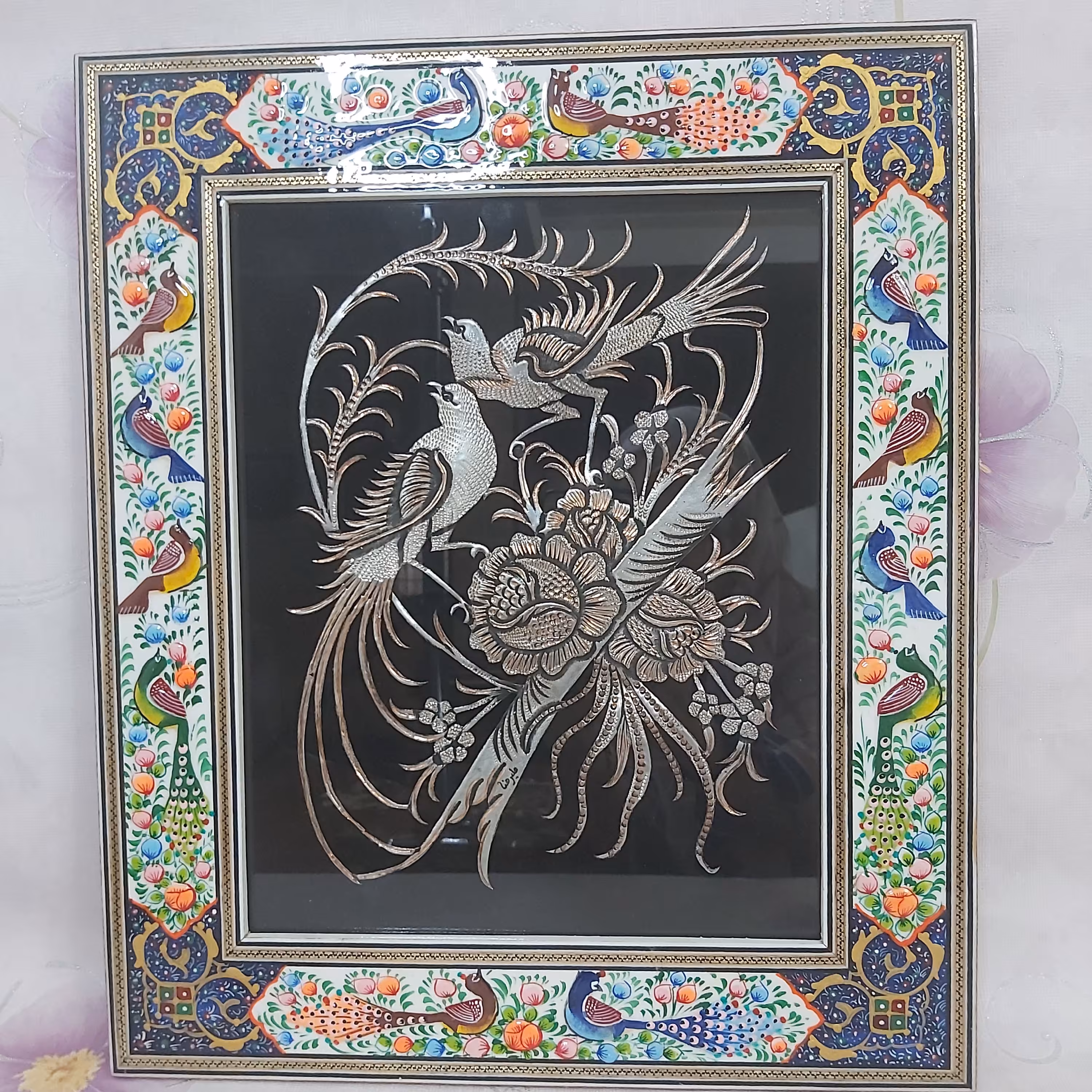 تابلوی خاتم و نقاشی با پلاک قلمزنی روی مس