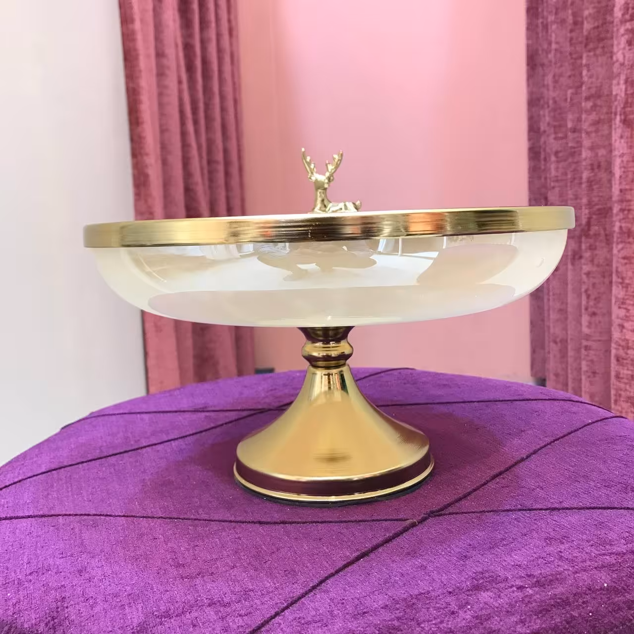 ظرف شیرینی خوری کریستال پایه دار کاراملی سلطنتی طرح گوزن