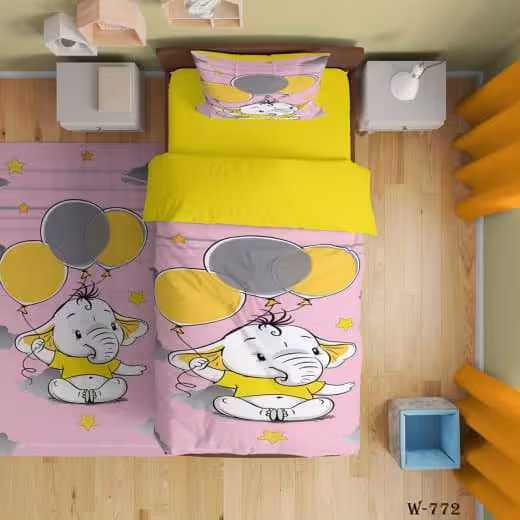 سرویس روتختی یک نفره میکروتترون سه بعدی،طرح فیل و بادکنک با زمینه صورتی،مناسب کودک و نوجوان،برای تخت90