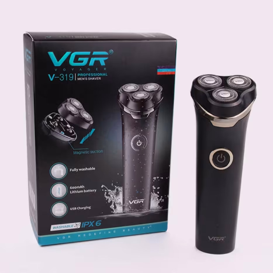 ماشین ریش تراش سه تیغ vgr 319مخصوص پوستهای حساس.ضد اب.قابل شستشو.برش چرخشی.قابایت شارژ با کابل تیپ c