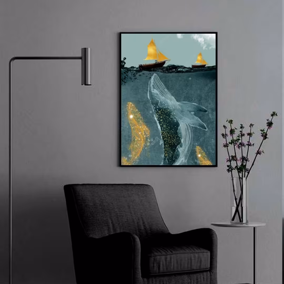 تابلو دکوراتیو یک تکه نهنگ آبی وقایق کوچک فانتزی 