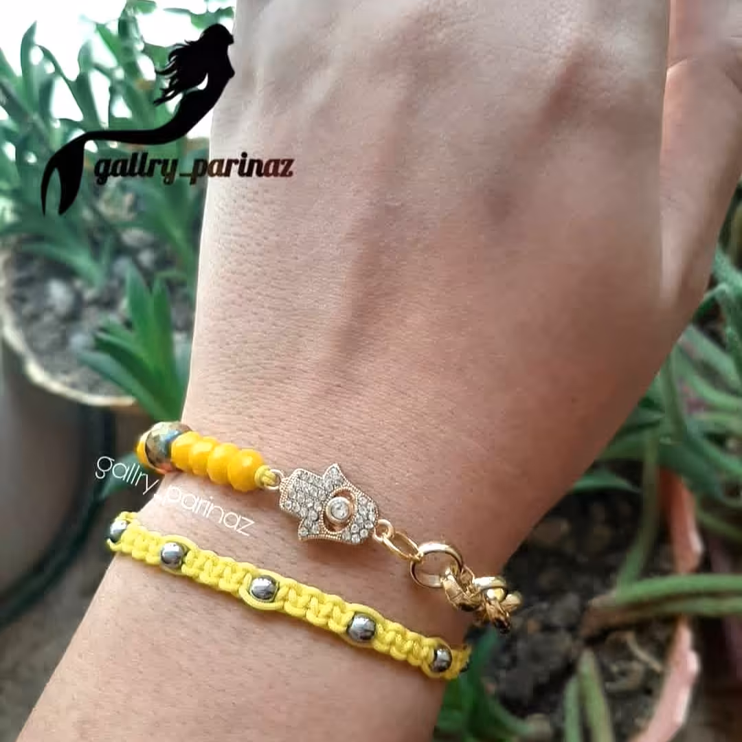 ست دستبند بافت و گوی حدید و کریستال زرد رنگ دستساز