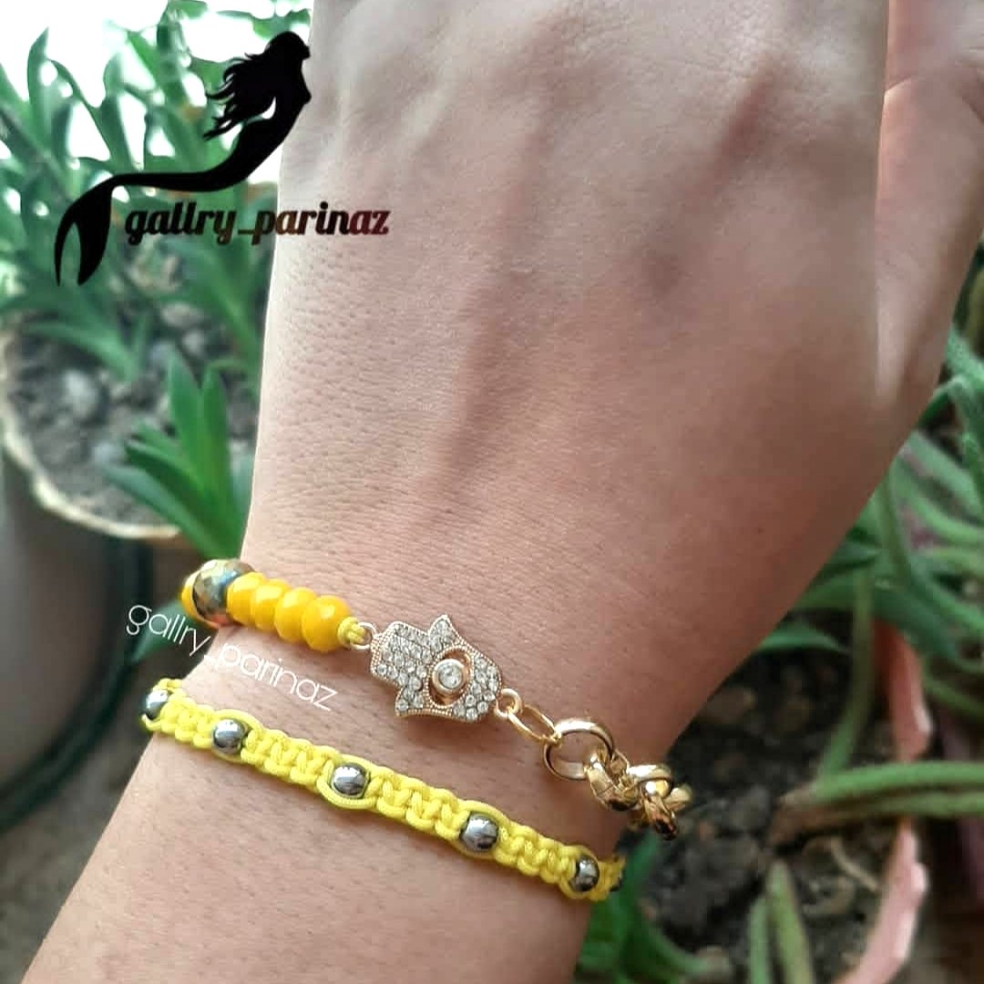 ست دستبند بافت و گوی حدید و کریستال زرد رنگ دستساز