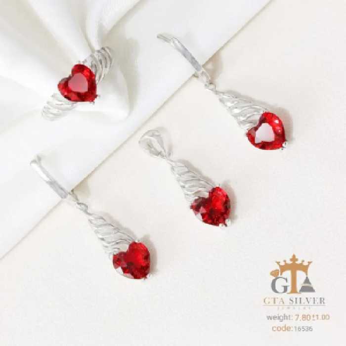 نیم ست ظریف نقره با سنگ یاقوت قرمز قلبی کد 16536