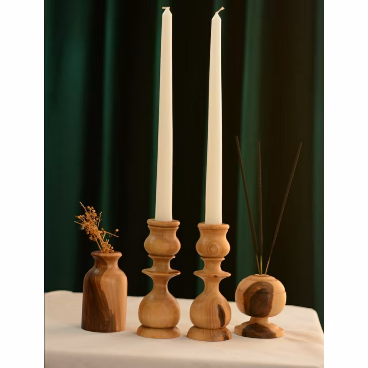 ست 4 تکه جا شمعی جاعودی و گلدان چوبی 