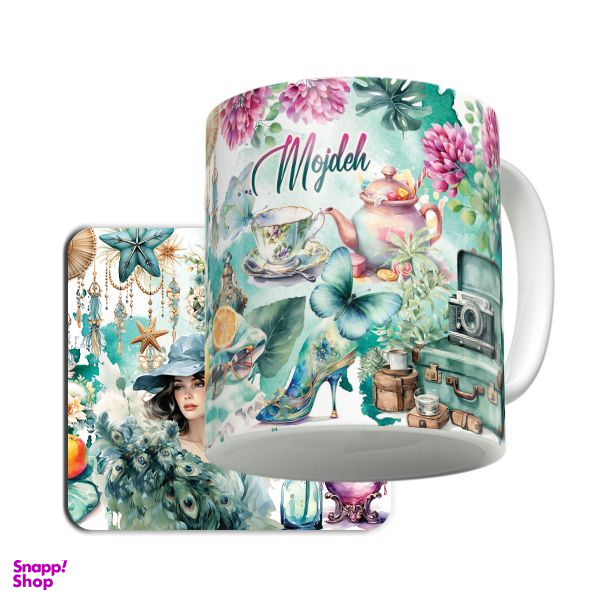 ماگ لاژید مدل اسم مژده طرح نقاشی آبرنگ به همراه زیر لیوانی