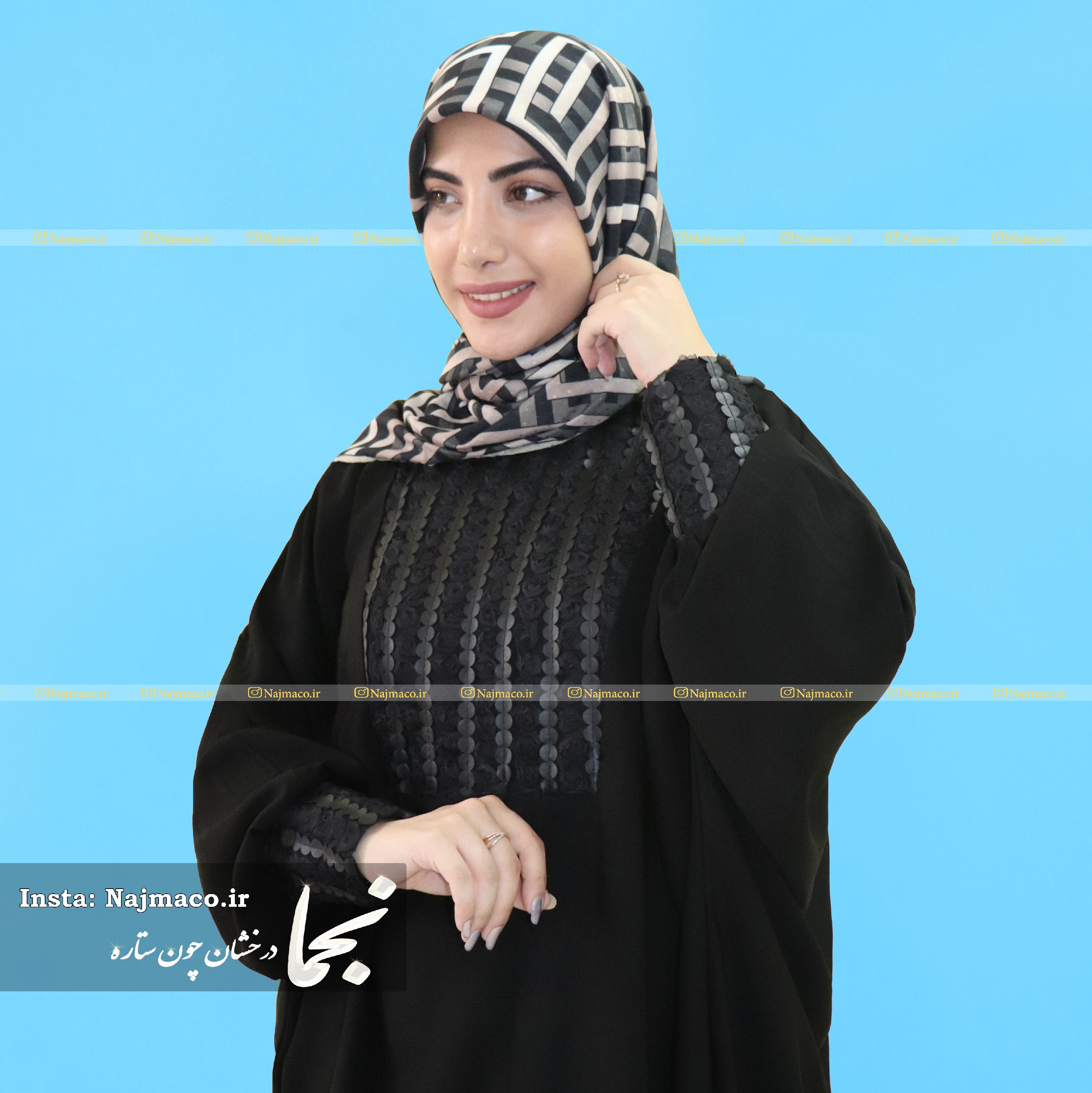 عبا مشکی جنس حریر اسود مدل شکوفه چرم