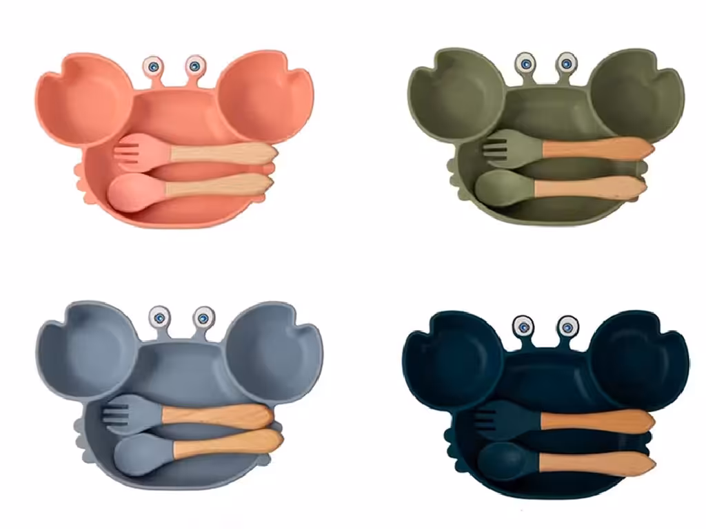 ست ظرف غذا و قاشق چنگال سیلیکونی طرح خرچنگ