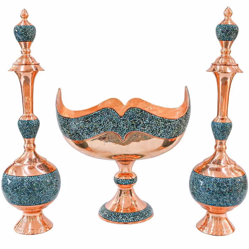 ست سه تکه تنگ گیلاسی و کشکول فیروزه کوبی 20 سانتی مس و فیروزه کوبی نیشابور صنایع دستی سایروس 