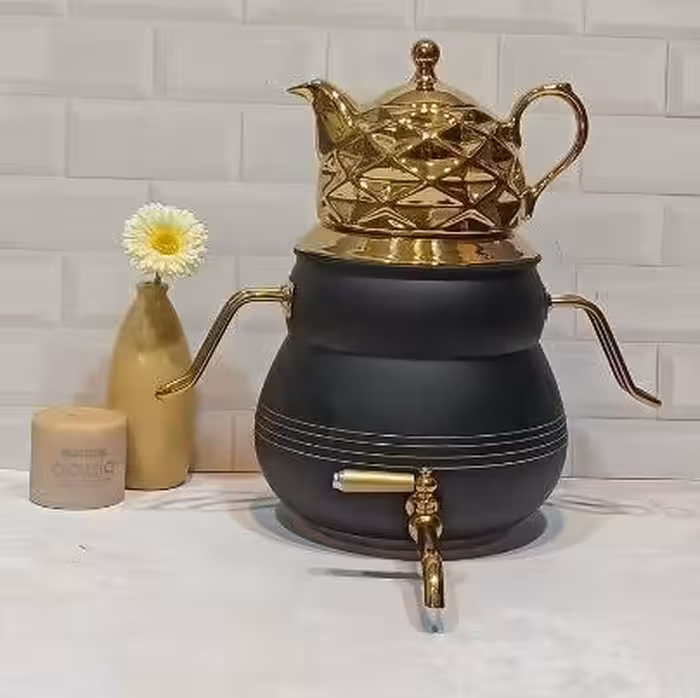 کتری قوری سماوراستیل شیردارکف چدن قوری چینی شکس برنداف آرمدل2010مشکی طلایی