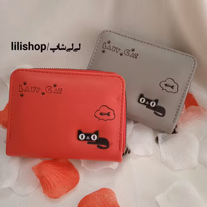 کیف پول گربه ای چرم با رنگ بندی قرمز و طوسی 