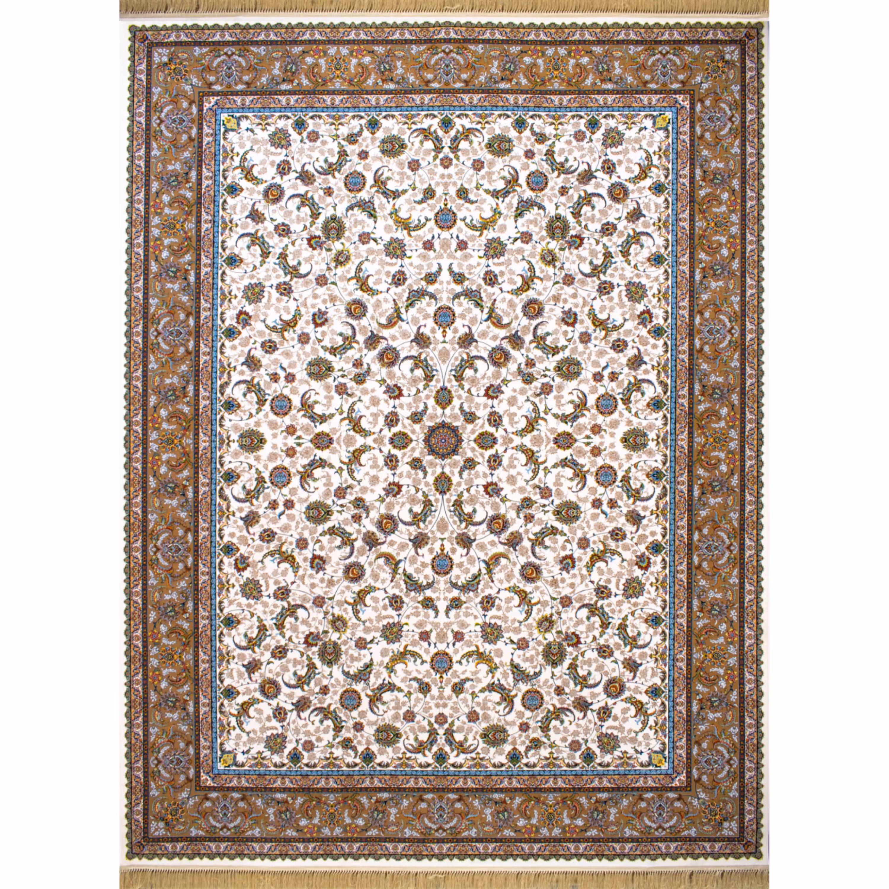 فرش ماشینی افرند 1200 شانه گل برجسته زمینه کرم کد 2228 (نه متری)