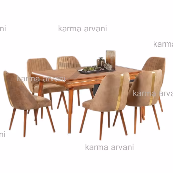 میز و صندلی ناهار خوری 6 نفره چوبی نیو دورا شتری جلو صندلی شیاری پشت صندلی نوار طلایی155*90*77  برند صنعت چوب کارما 