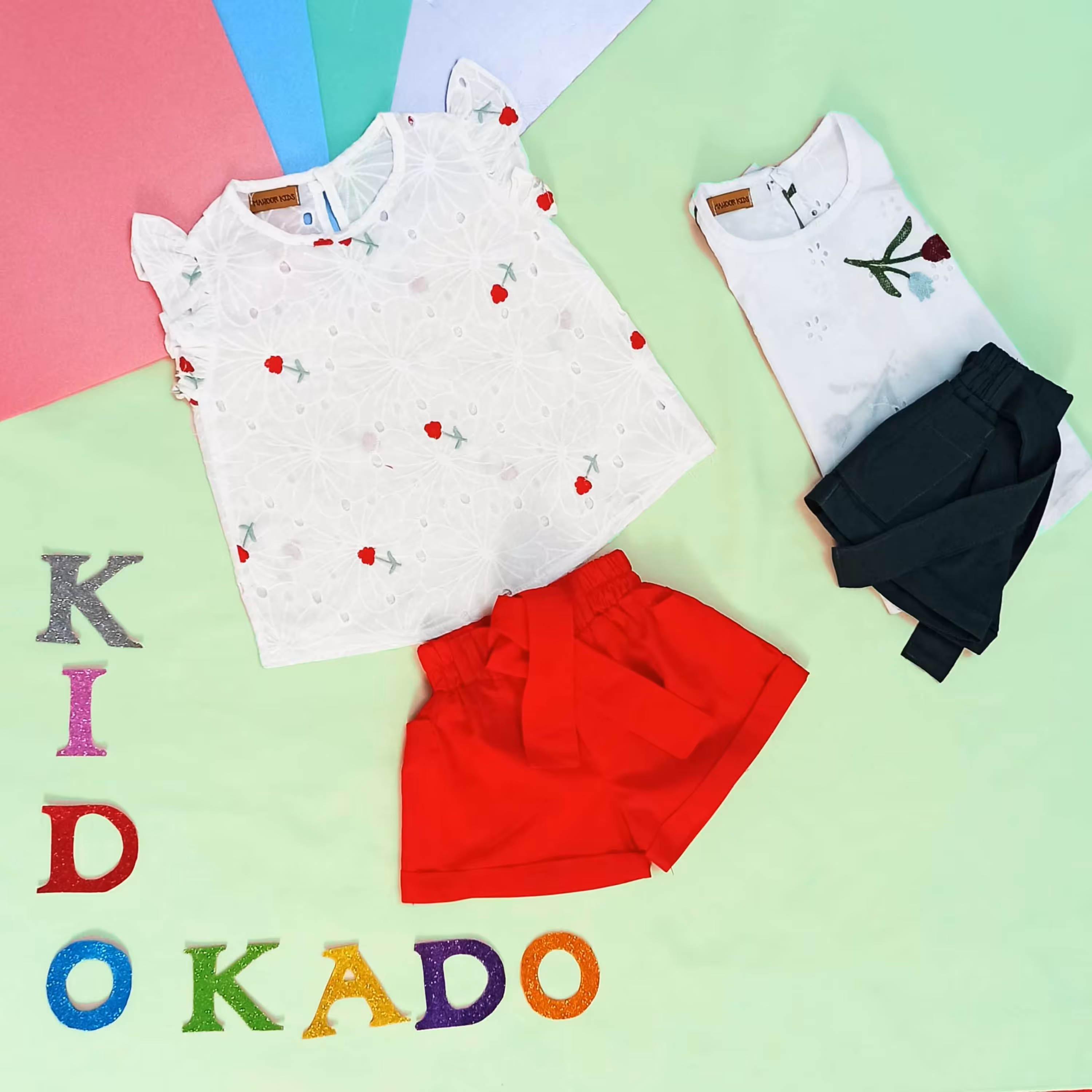 ست دو تیکه شومیز و شلوارک کمربندی - خامه دوزی شده - مناسب 2 تا 5 سال