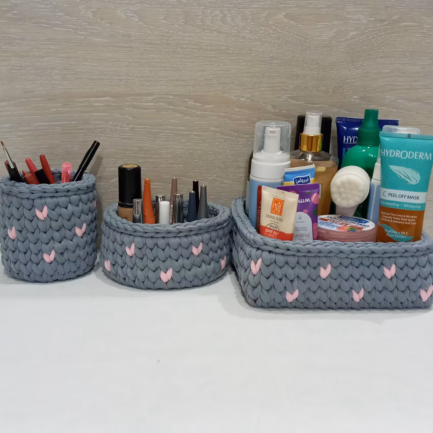 ست سه تایی سبد نظم دهنده لوازم آرایش تریکو مدل گندمی قلبی