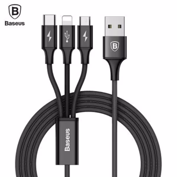 کابل شارژ 3 سر میکرو , لایتنینگ و تایپ سی باسئوس Baseus Rapid Series 3-in-1 Cable Micro Lightning Type-C 3A 1.2M Black