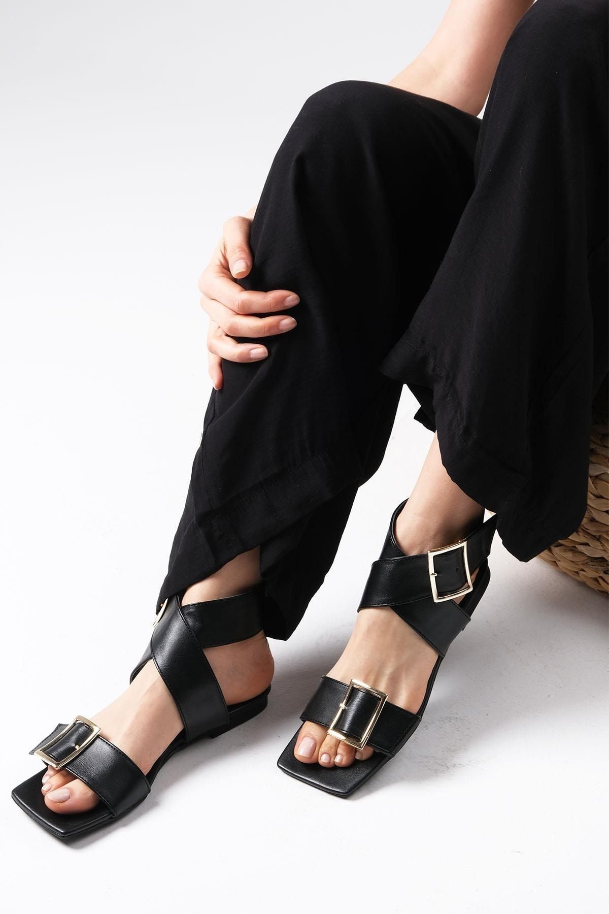 صندل مشکی زنانه سیاه Simone Color Cross Heelless Sandals Foldy Mio Gusto