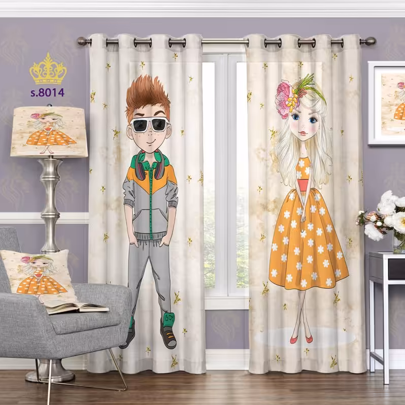 پرده اتاق خواب دوقواره پانچ آماده طرح دختر و پسر کد S8014 