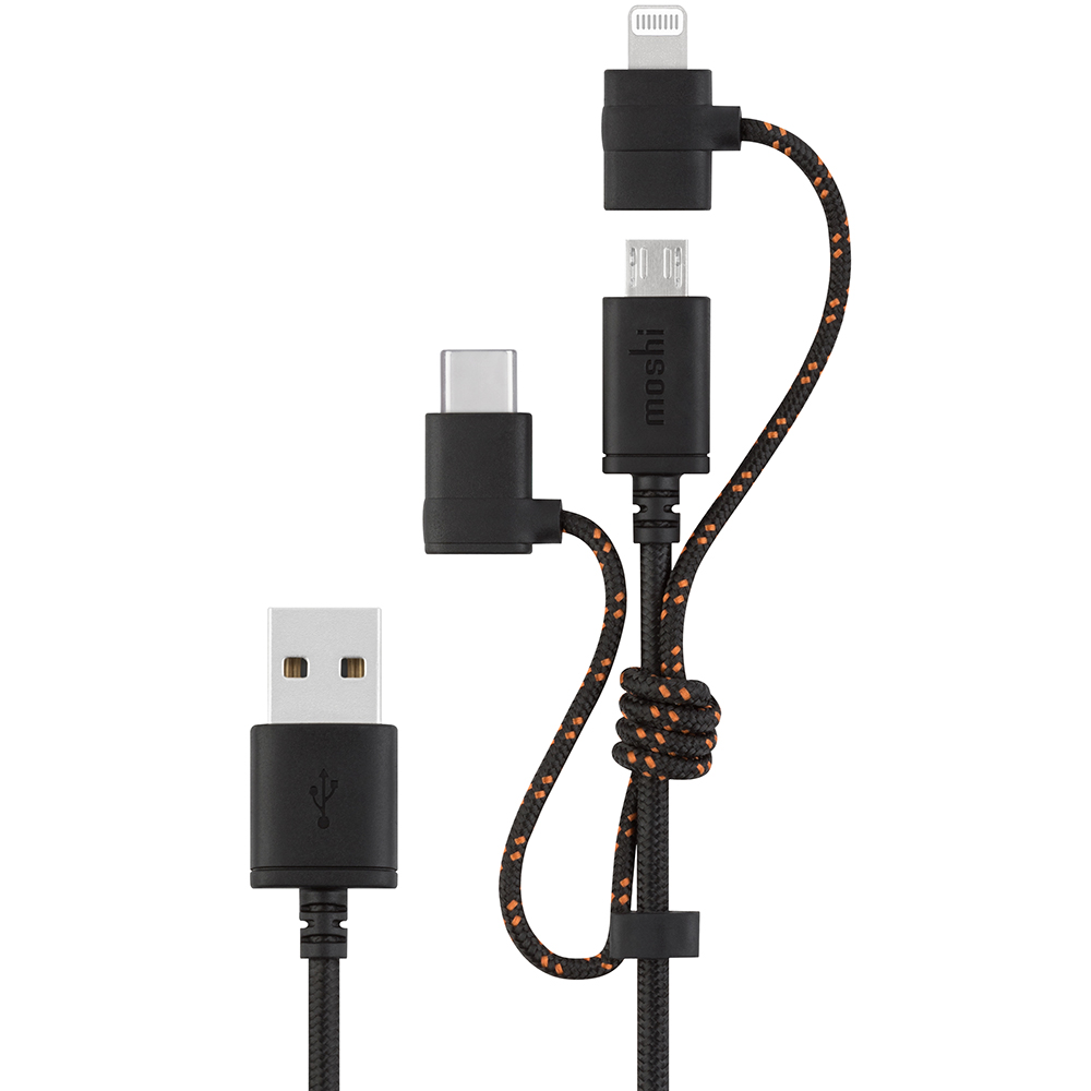 کابل MOSHI موشی سه کاره مدل Universal 3 in 1 پورت USB-C و Micro USB و Lightning مشکی - Hiapple.ir