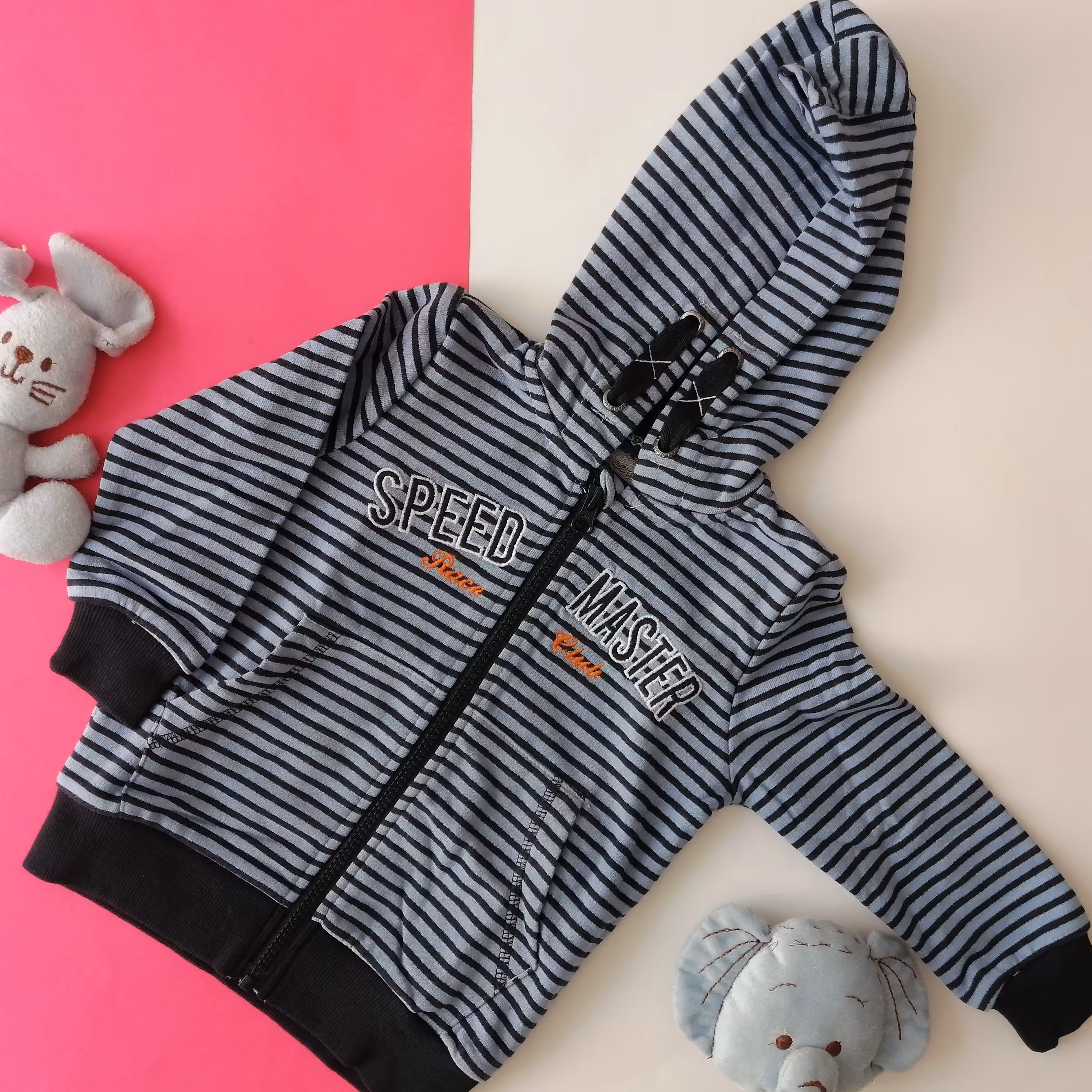 سویشرت راه راه پسرانه کلاهدار نخ پنبه داخل دورس مناسب یک سال الی 2 سال