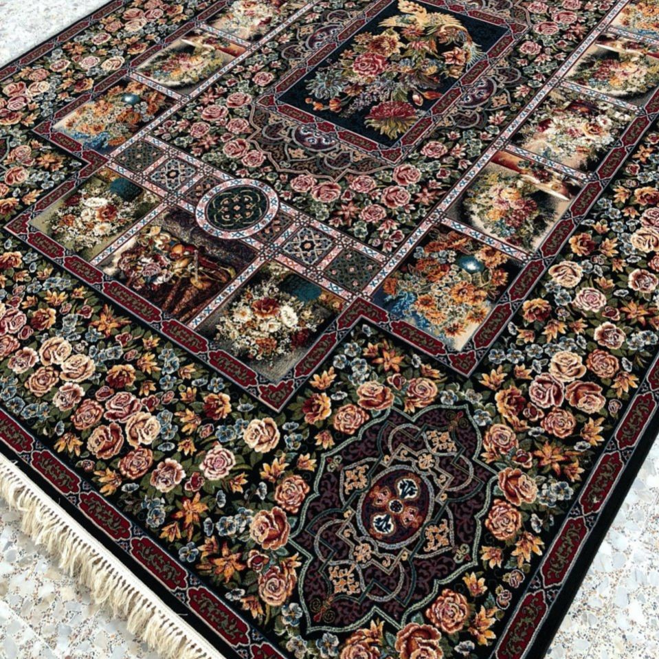 فرش 700 شانه اصل سایز 150 در 225 تراکم 2550 نقشه باغ ارم سرمه ای کیفیت عالی