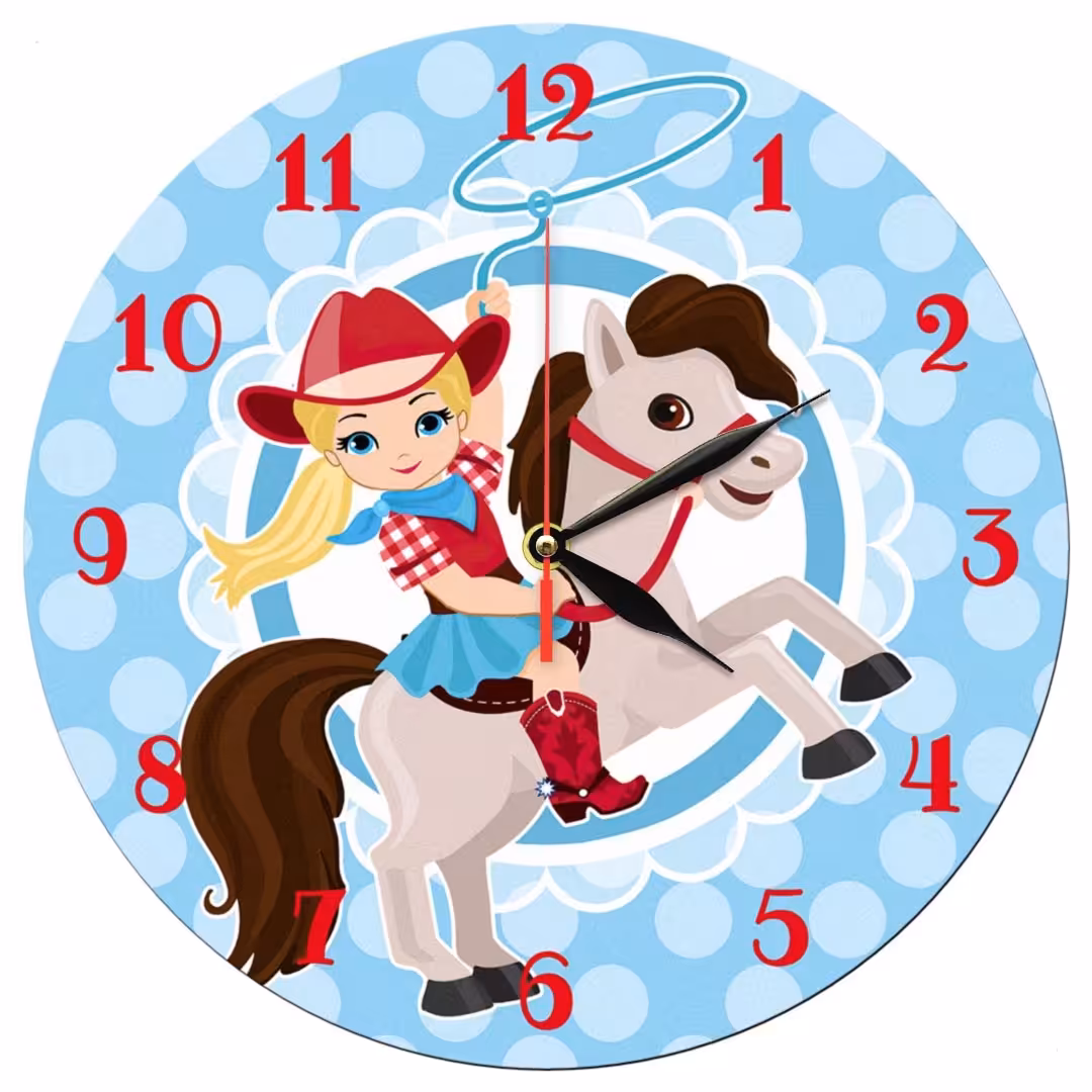 ساعت دیواری کودک دایره ای مدل 1317 طرح دختر اسب سوار قطر 30 سانتیمتر