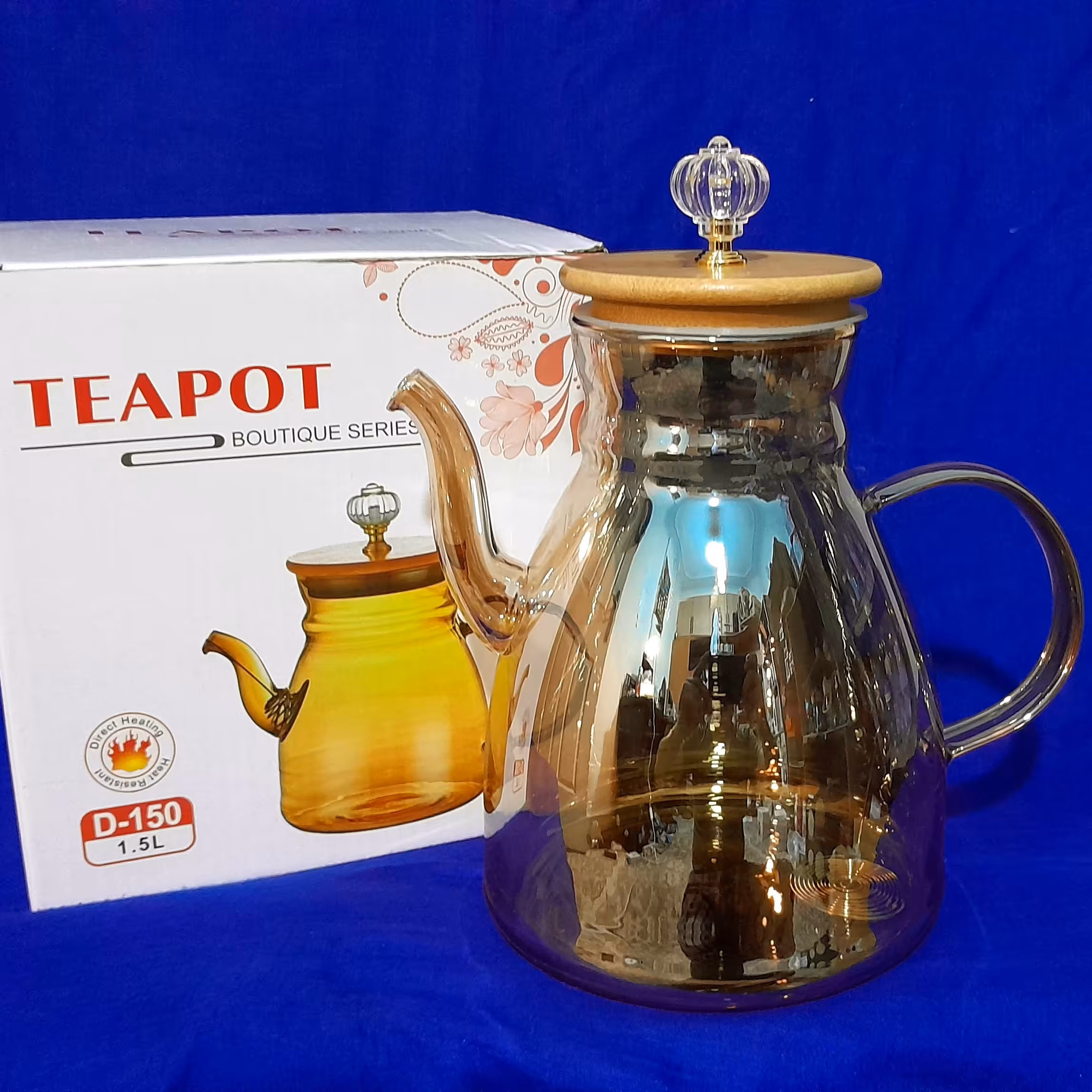 قوری پیرکس رنگی با درب چوبی ومزین به نگین درحجم یک لیتری