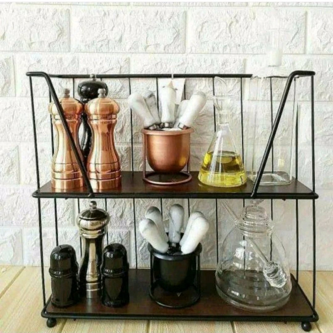 استند دوطبقه فلزی ،کفه چوبی،مناسب برای پاسماوری و نظم دادن به وسایل آشپزخانه
