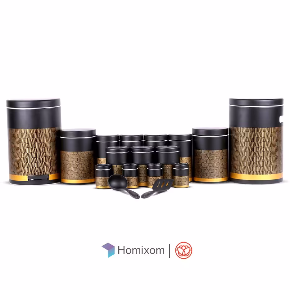 سرویس آشپزخانه جدید اورانوس 17 پارچه مدل پترن رنگ مشکی با چاپ طلایی