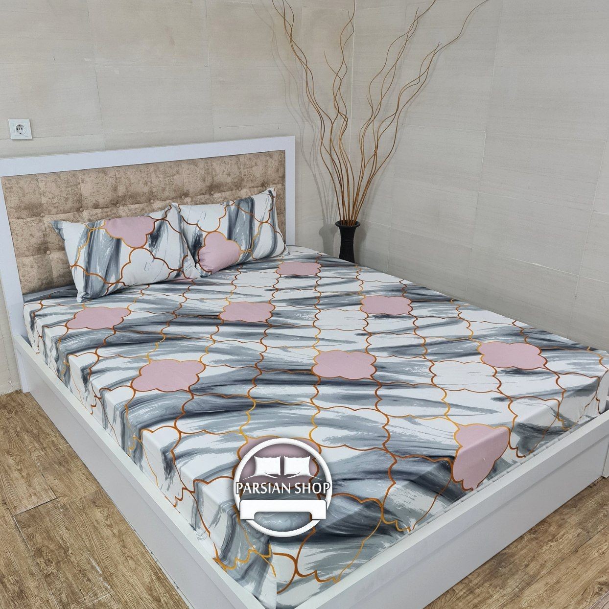 نیم ست ملحفه کشدار خوشخواب  روتختی دونفره طرح ماربل سنگی شیک ارزان