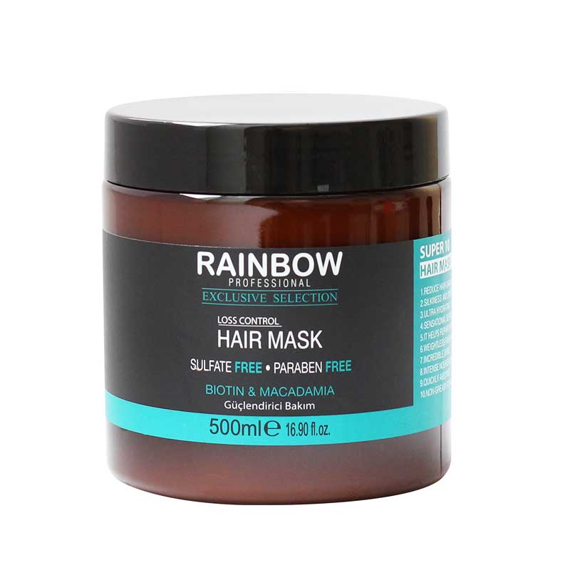 ماسک مو بدون سولفات رین بو RAINBOW BOTOX HAIR MASK مدل بیوتین روغن ماکدامیا مو های بلند و دارای ریزش