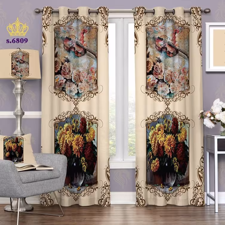 پرده پذیرایی دو قواره پانچ گلدار طرح قاب گل کد S6809