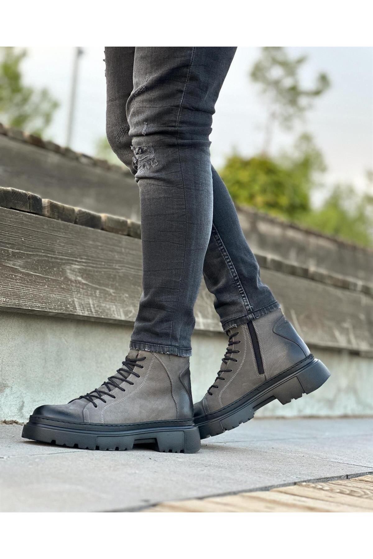 چکمه و بوت خاکستری مردانه 7185 پوتین چرمی واقعی ByItallanoshoes