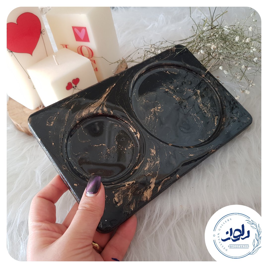زیر ماگی چوبی  رزینی  طرح مرمر مشکی طلایی 