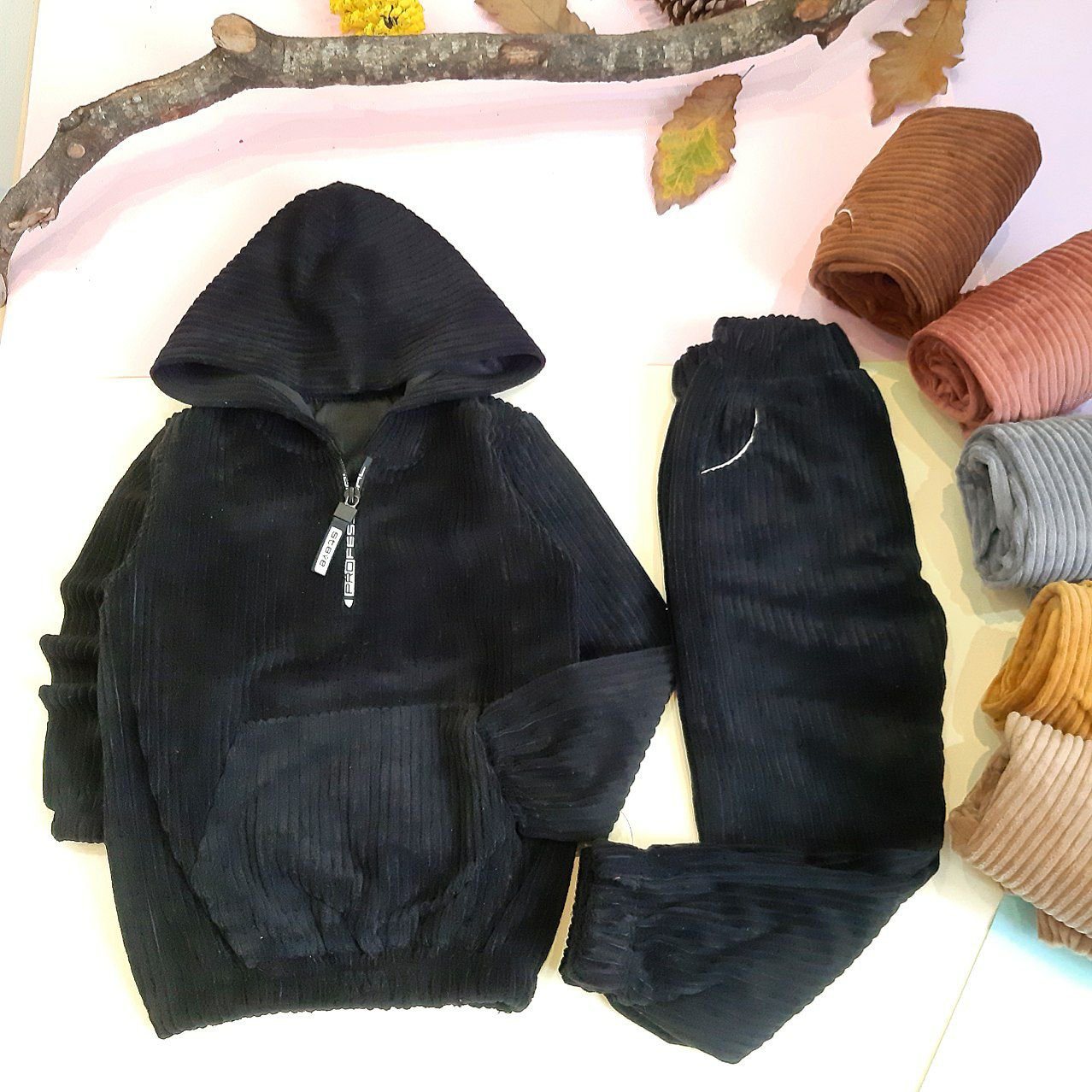 ست هودی و شلوار مخمل کبریتی دخترانه و پسرانه سایز 40 کد 469n