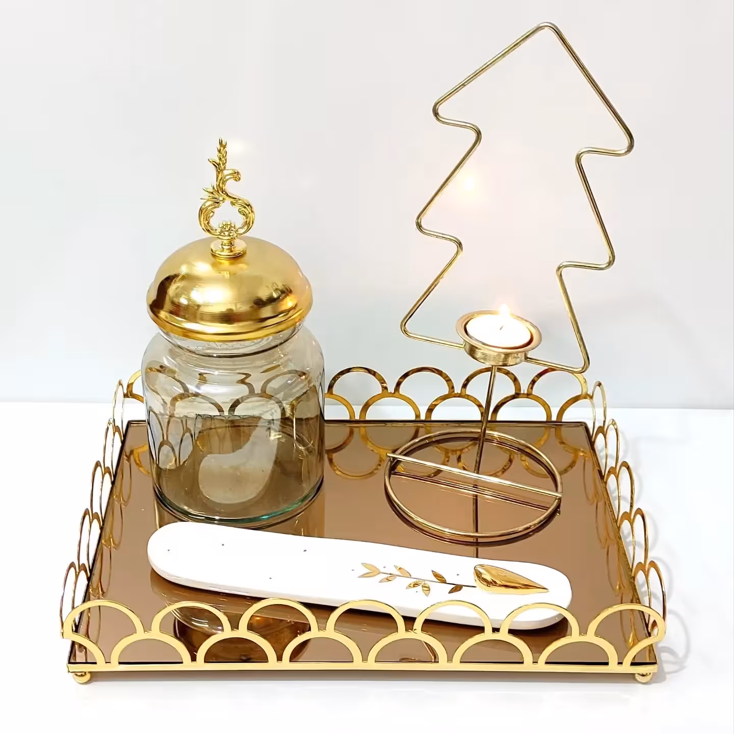 سینی کف آینه مستطیل طلایی