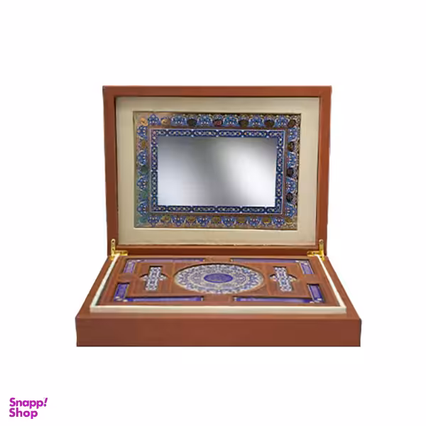 قرآن چرمی وزیری جعبه باز شو چرم آینه دار کاغذ گلاسه انتشارات هلیا كد 128