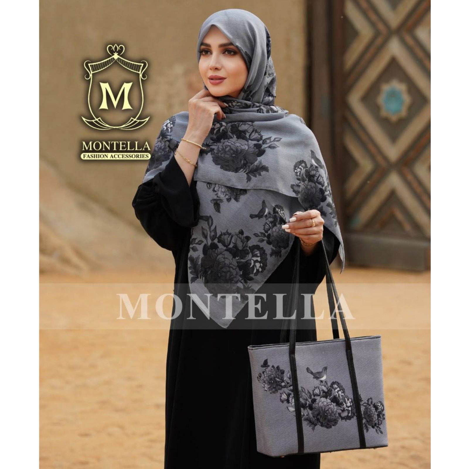 ست کیف و روسری طوسی مشکی  ست کیف و شال طوسی مشکی طرح گل و مرغ