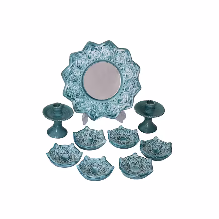 هفت سین سفالی آبی طرح گل کد  01