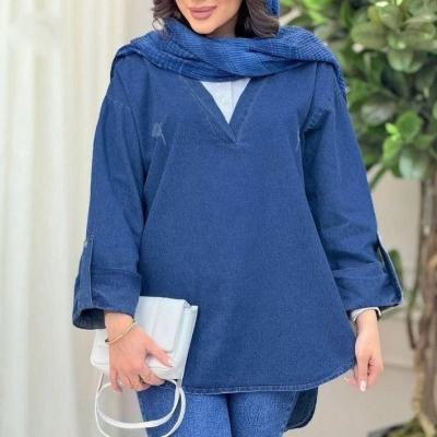 مانتو دخترانه جین مانتو لی کاغذی مدل یقه سفید