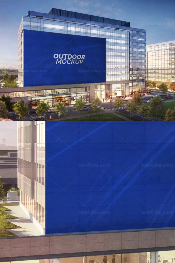 طرح لایه باز موکاپ بیلبورد تبلیغاتی نصب شده در نمای ساختمان - گرافیک با طعم تربچه