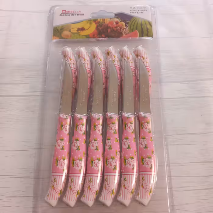 چاقو میوه خوری ماربلا 12 عددی طرح سرامیکی تیغه استیل دسته پلاستیک فشرده وارداتی برزیل کارد میوه خوری رنگ صورتی 