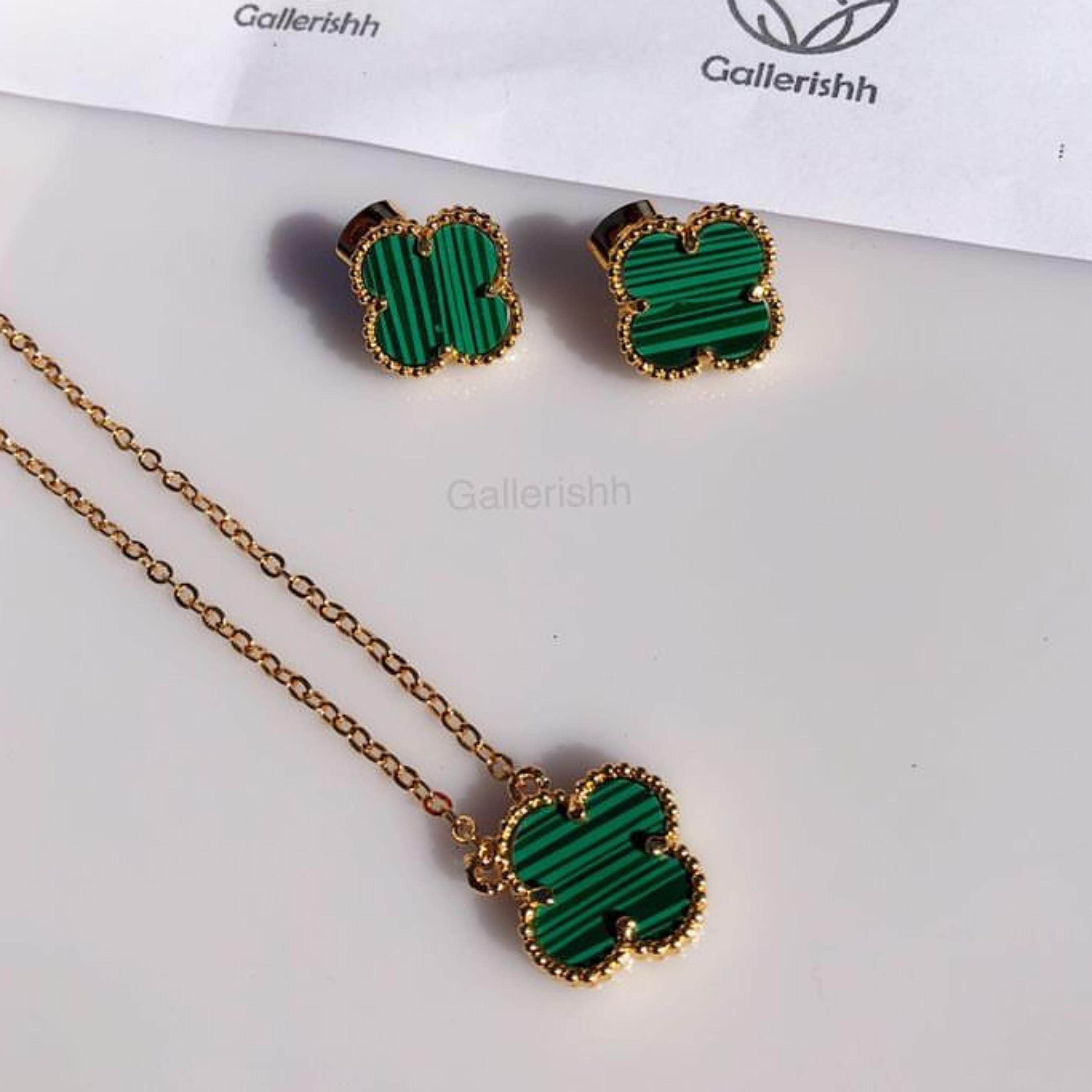 نیم ست گردنبند و گوشواره ونکلیف با سنگ مالاکیت